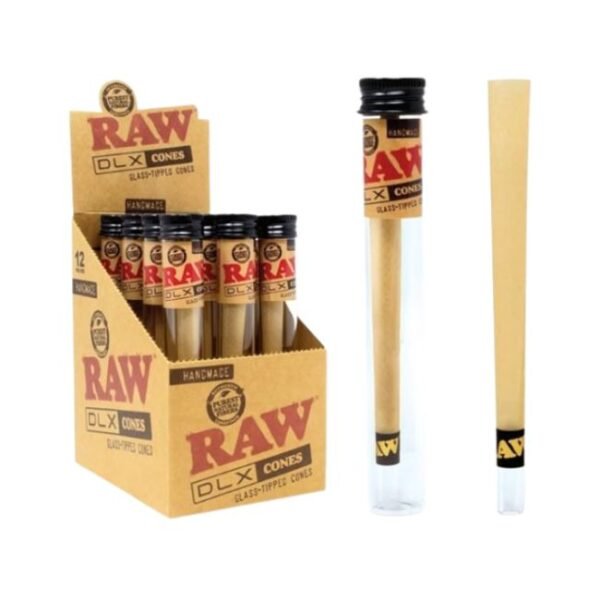 RAW DLX KING SIZE HANDMADE GLASS TIPPED ROLLS CONES 12CT/ BOX