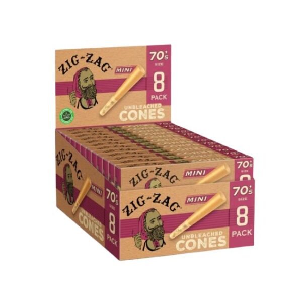 ZIG ZAG MINI UNBLEACHED 70'S SIZE CONES 18 BOXES OF 8CT DISPLAY