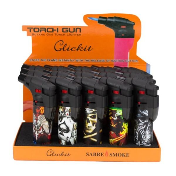 CLICK IT TORCH GUN LIGHTER ASSORTED DESIGN 15CT DISPLAY (ITEM # GH 10877)