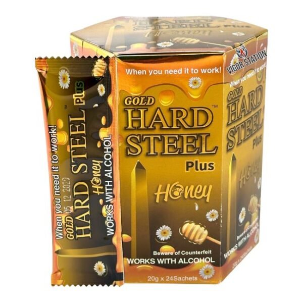 HARD STEEL GOLD PLUS WORKS WITH ALCOHOL SEXUAL ENHANCEMENT HONEY FOR MEN 24 SACHETS PER BOX
