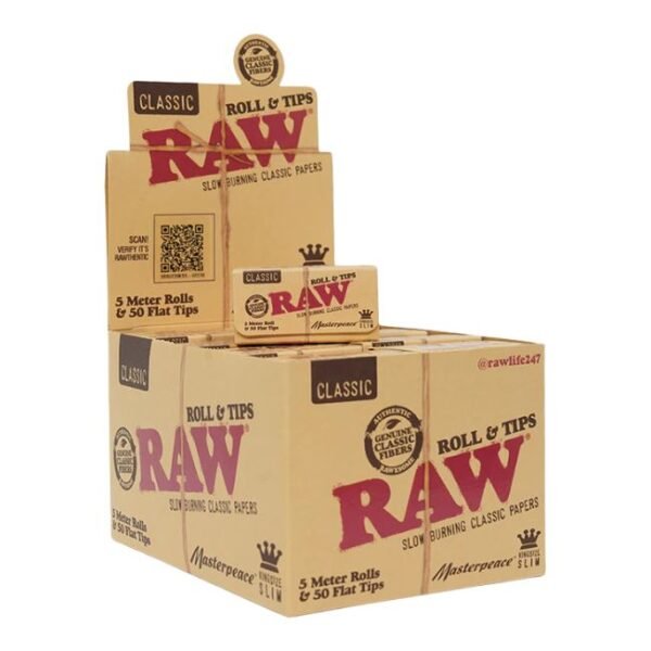RAW CLASSIC MASTERPEACE 5 METER ROLLS & 50 FLAT TIPS 24CT/ BOX