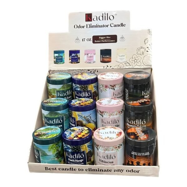 KADILO ODOR ELIMINATOR 17OZ  ASSORTED FLAVOR CANDLES 12CT DISPLAY