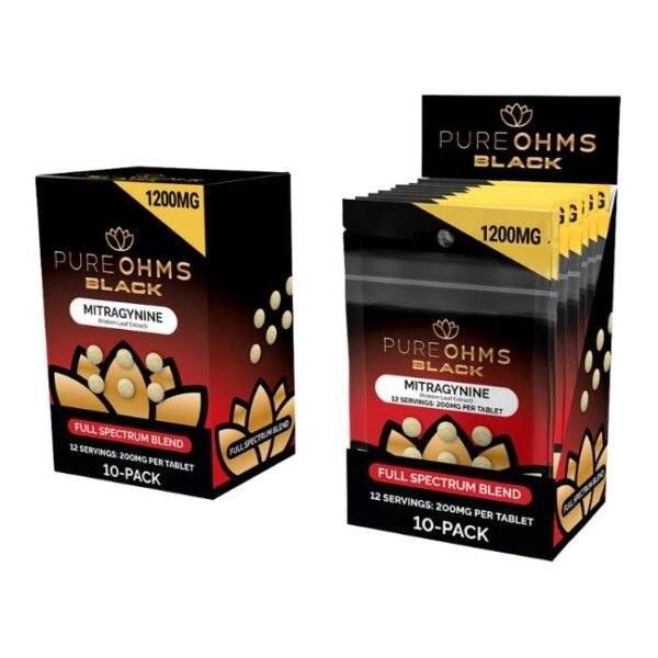 PURE OHMS BLACK MITRAGYNINE KRATOM LEAF EXTRACT 200MG PER TABLET 6PK/ 10CT BOX