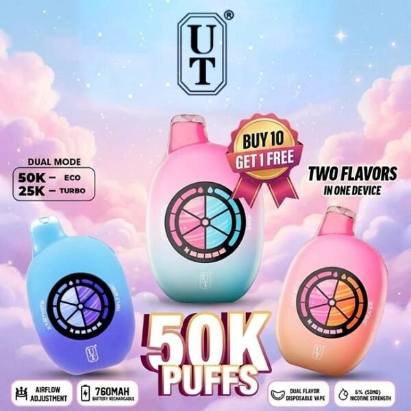 UT BY FLUM 5% DISPOSABLE DUAL FLAVOR (85ML) TURBO MODE - 25K & ECO. MODE - 50K PUFFS 5CT/ BOX