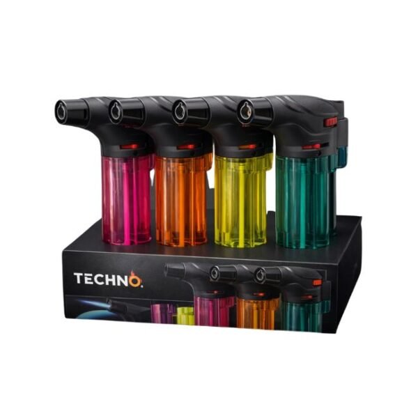 TECHNO BUTANE GAS ASSORTED DESIGN TORCH LIGHTER 12CT/ DISPLAY (00139)