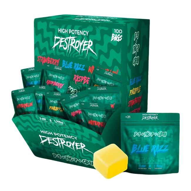 DESTROYER D9 + THCP + CB9A MIX FLAVOR 3000MG 2PK GUMMIES 100CT/ BOX DESTROYER D9 + THCP + CB9A MIX FLAVOR 3000MG 2PK GUMMIES 100CT/ BOX