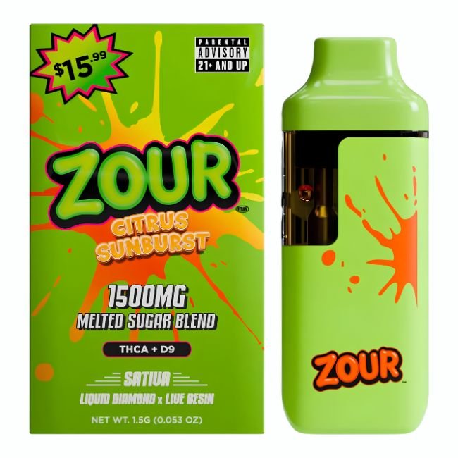 ZOUR STASH THCA+D9 MELTED SUGAR BLEND LIQUID DIAMOND X LIVE RESIN 1.5GM DISPO 5CT/ BOX (PRE PRICED $15.99) ZOUR STASH THCA+D9 MELTED SUGAR BLEND LIQUID DIAMOND X LIVE RESIN 1.5GM DISPO 5CT/ BOX (PRE PRICED $15.99)